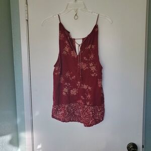 Lucky Brand Boho Hippie Dark Fairy Red Wine Blouse Tank Top Sz Large Tassel Cord